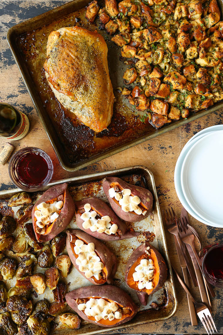 Sheet Pan Thanksgiving Dinner - Turkey, stuffing, brussels sprouts + sweet potatoes in less than 2 hrs on just TWO SHEET PANS! So quick with easy clean up!