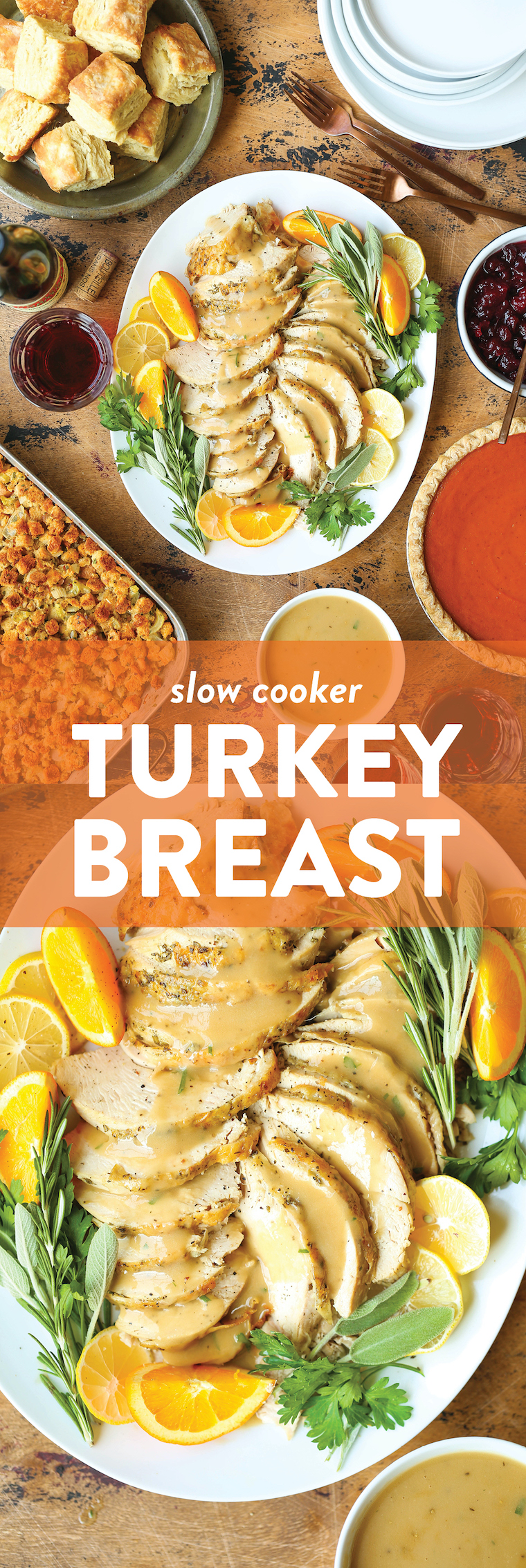 Slow Cooker Turkey Breast - Moist, tender, perfectly seasoned crockpot turkey. No oven space. Includes THE BEST turkey gravy using drippings!