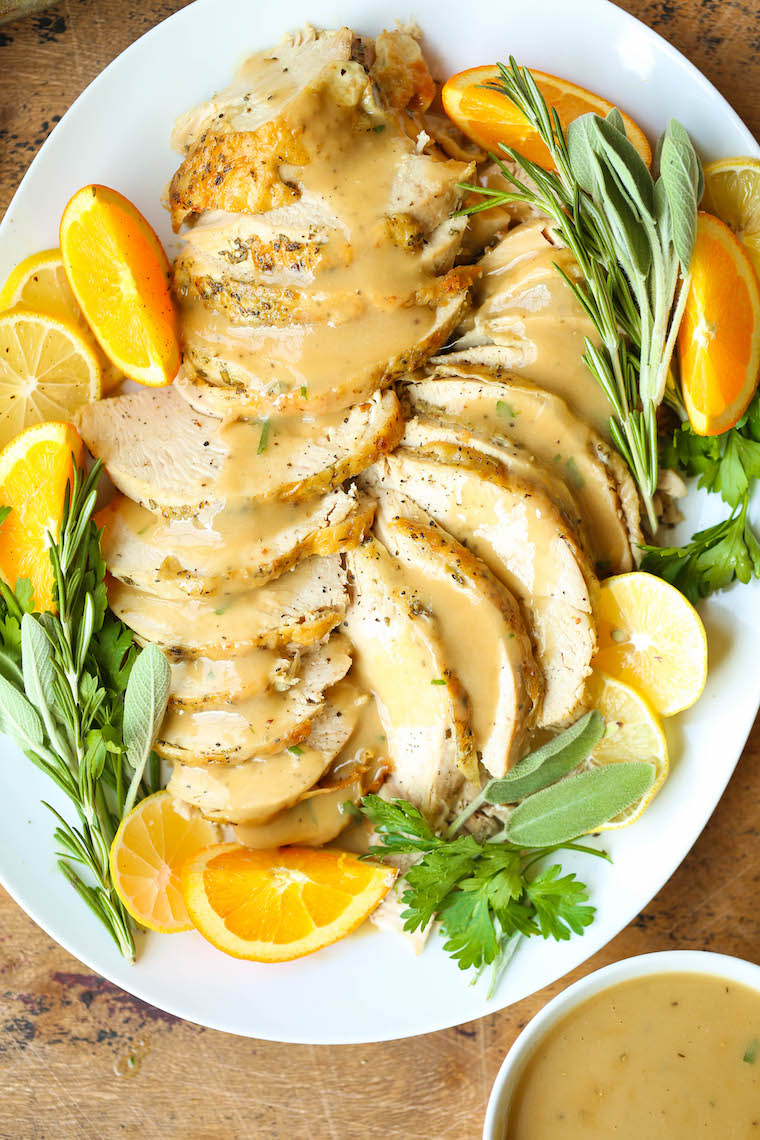 Slow Cooker Turkey Breast - Moist, tender, perfectly seasoned crockpot turkey. No oven space. Includes THE BEST turkey gravy using drippings!