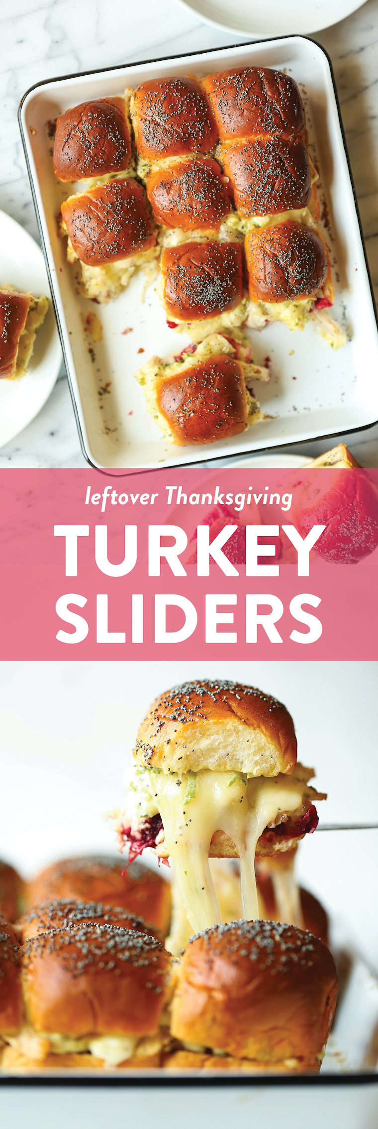 Leftover Thanksgiving Sliders - Leftover turkey, cranberry sauce, Dijon and melted cheese on super buttery Hawaiian rolls. Bake and serve warm! SO SO GOOD.