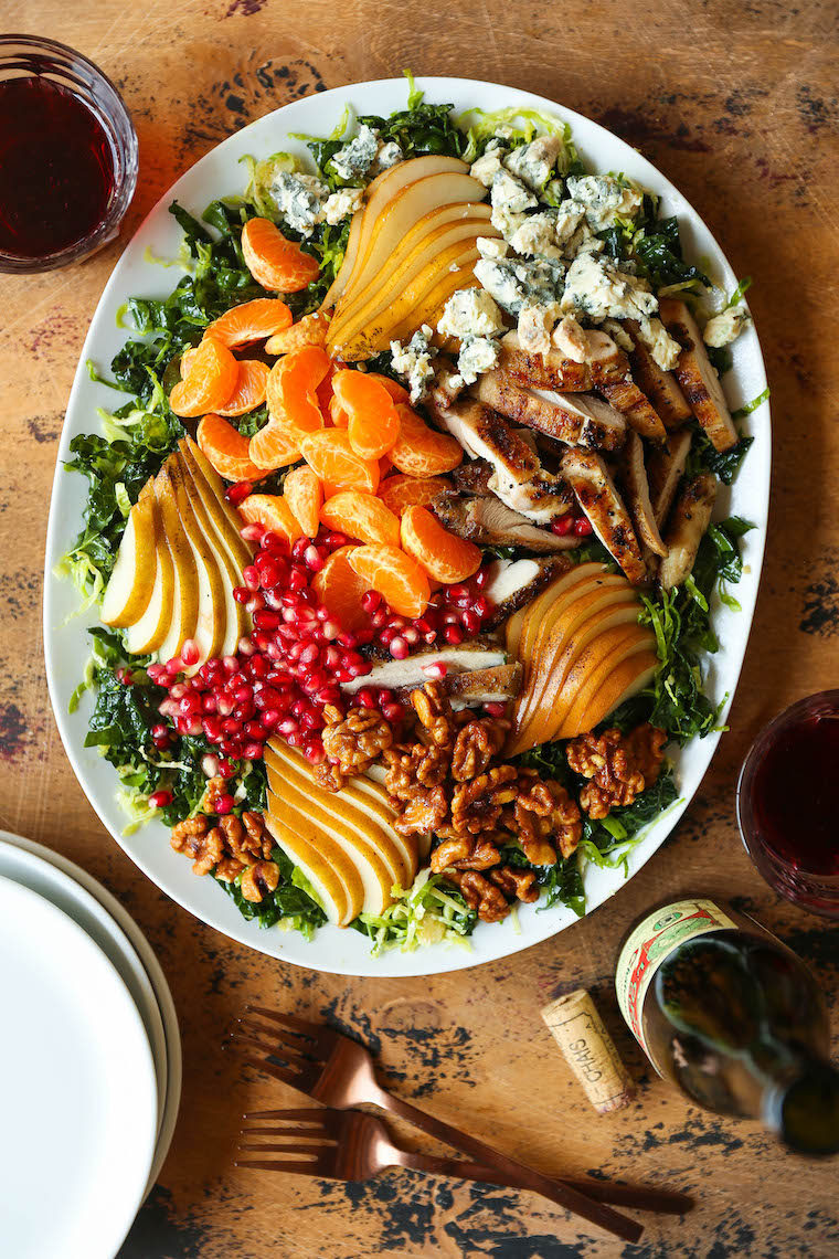 Winter Pear Salad - So hearty with so many feel-good ingredients! Lemon rosemary chicken, brussels sprouts, pear and a honey dijon dressing!