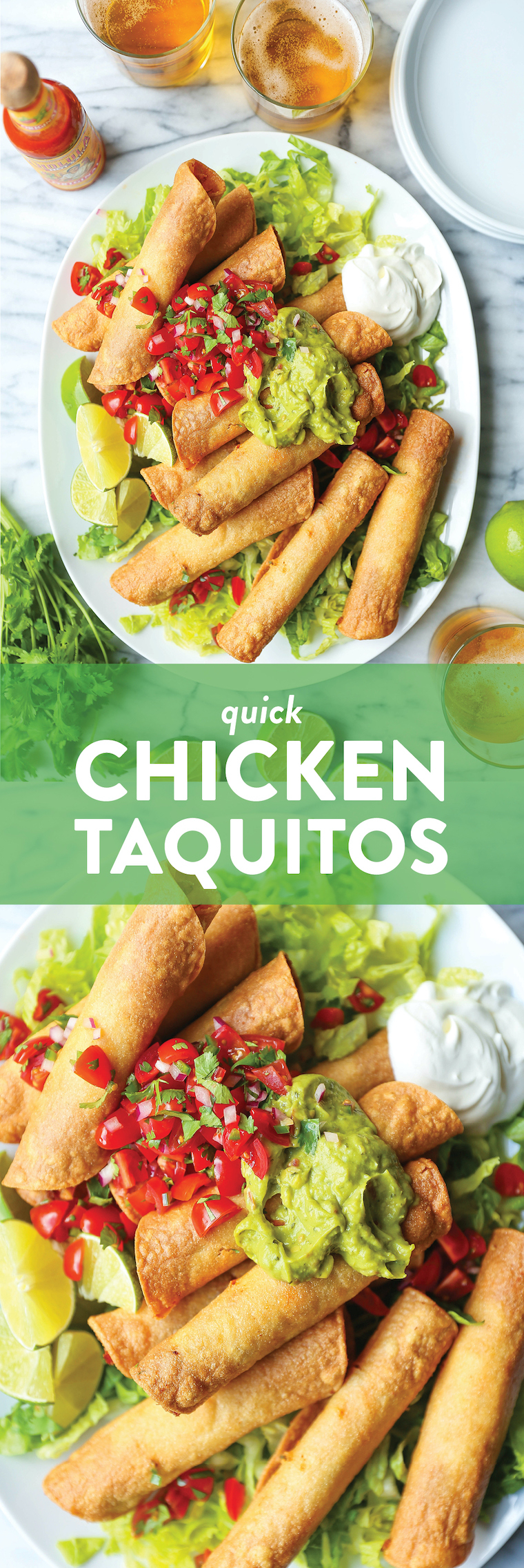 Quick Chicken Taquitos - Such a great way to use up leftover rotisserie chicken! So easy, crispy and crunchy! Serve with guac, pico de gallo and sour cream!