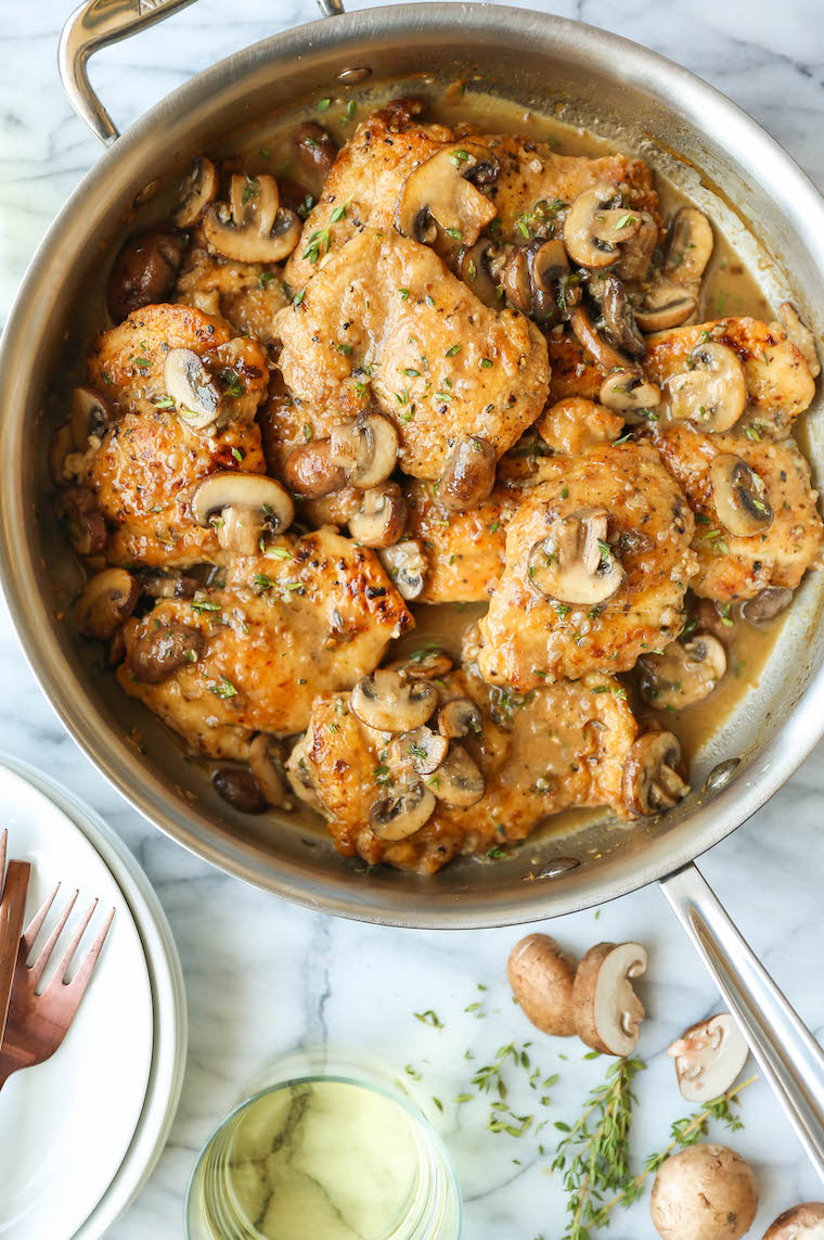 Skillet Mushroom Chicken Thighs - Golden brown, super juicy, tender chicken smothered in a garlicky, mushroom butter sauce. So quick so good!