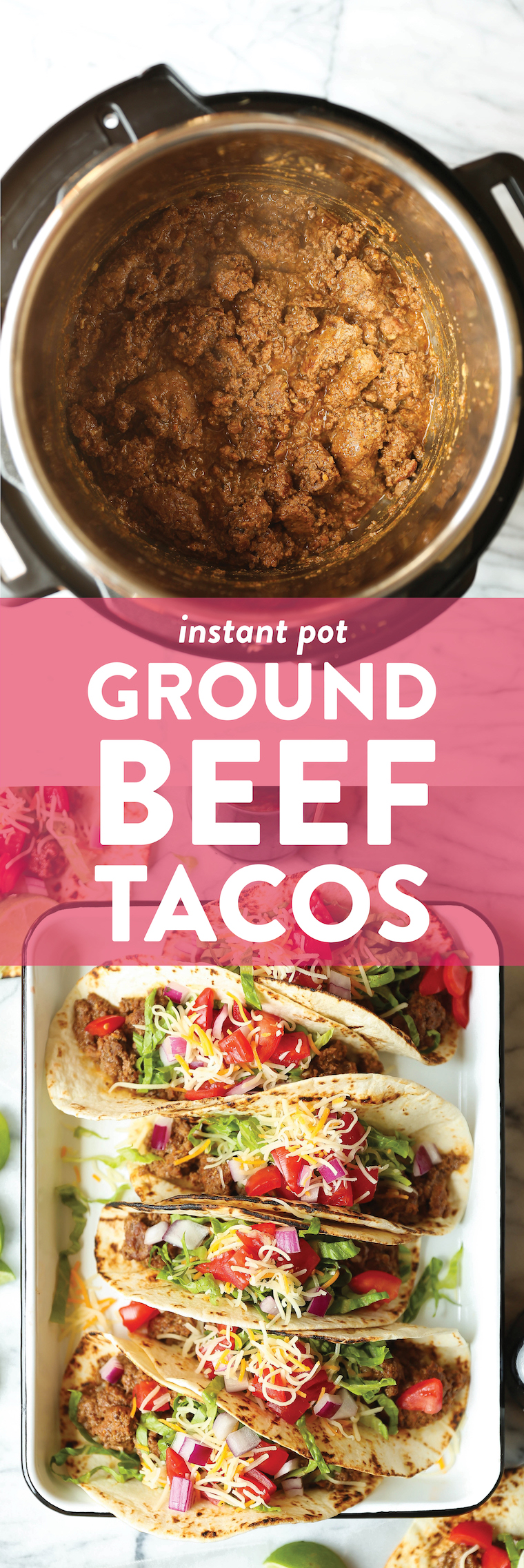 Instant Pot Ground Beef Tacos - Using frozen ground beef - no need to thaw! Cooks in just 20 min. Serve with desired toppings. So fast, so easy, so so good.