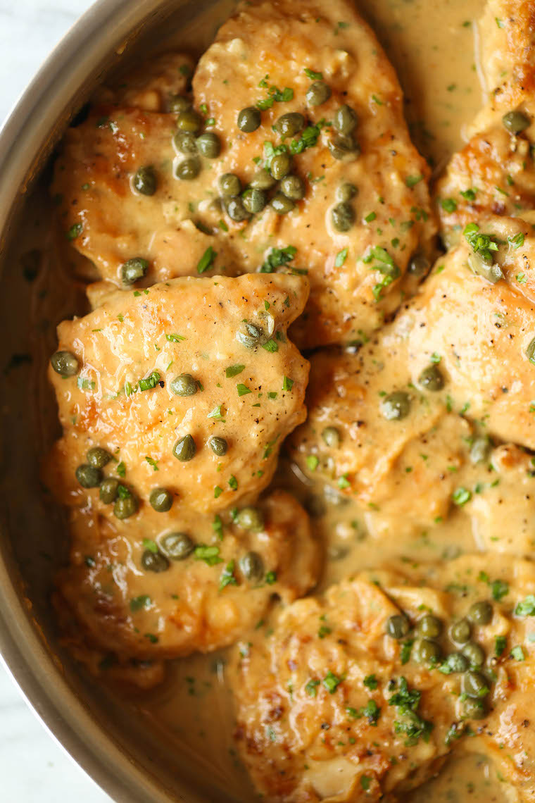 Creamy Chicken Piccata - The easiest chicken piccata ever! With tender, juicy chicken thighs + the most heavenly cream sauce. 30 min, start to finish. YES!!