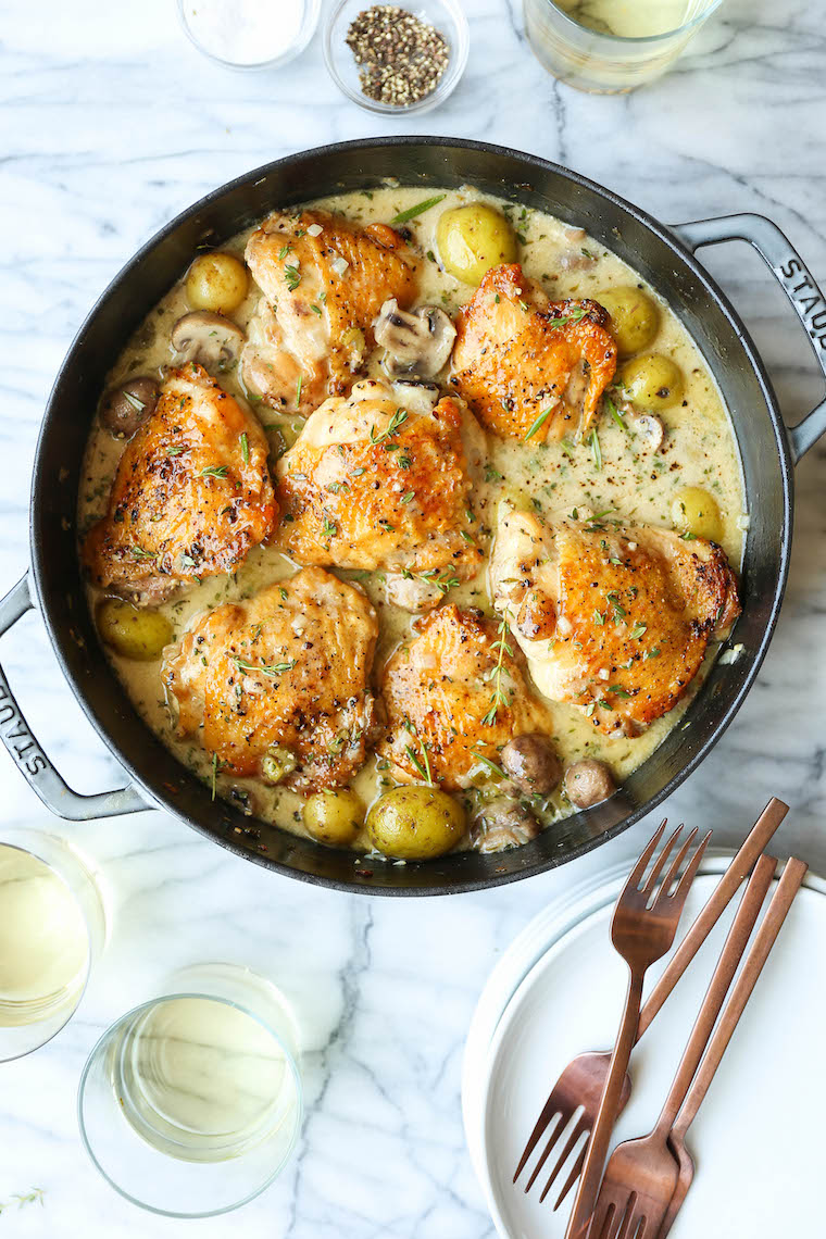 French Chicken Casserole - The coziest, most wholesome meal. With golden brown chicken, tender potatoes, white wine, fresh rosemary + thyme.