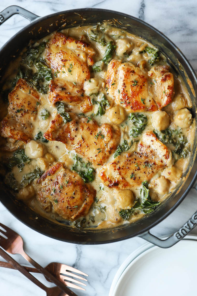 Creamy Chicken and Gnocchi - Soft-pillowy gnocchi, a garlicky cream sauce, tender, juicy chicken thighs, and sneaked-in kale? Yes, 1,000% yes.