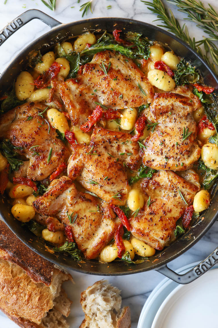 Sun Dried Tomato Chicken and Gnocchi - Tender, juicy chicken thighs in an AMAZING garlicky sun dried tomato cream sauce. So simple, so good.
