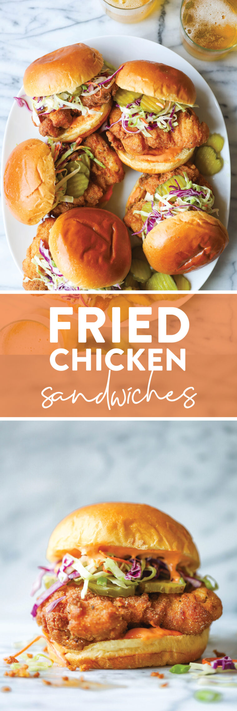 Fried Chicken Sandwiches - KILLER buttermilk fried chicken thighs! So crispy, so juicy. Served with Sriracha mayonnaise, coleslaw and pickles!