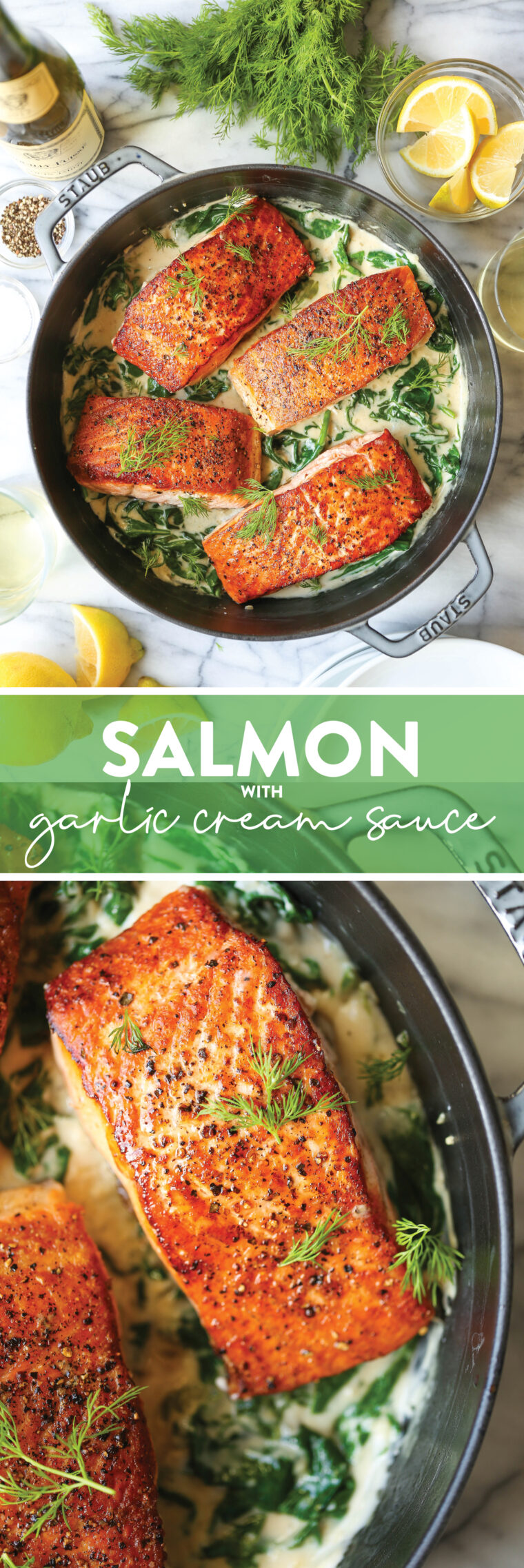 Salmon with Garlic Cream Sauce - Perfectly pan-seared salmon served with the most irresistible garlicky cream sauce with sneaked in spinach!