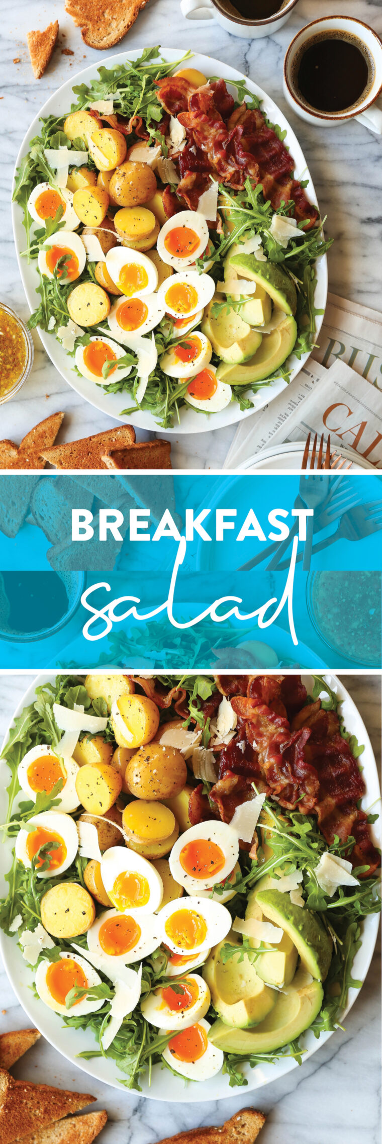Салат на сніданок - сніданок, заради якого варто прокинутися!  Зі свіжою зеленню, хрустким беконом, вареними яйцями та пікантним, гострим гірчичним вінегретом!