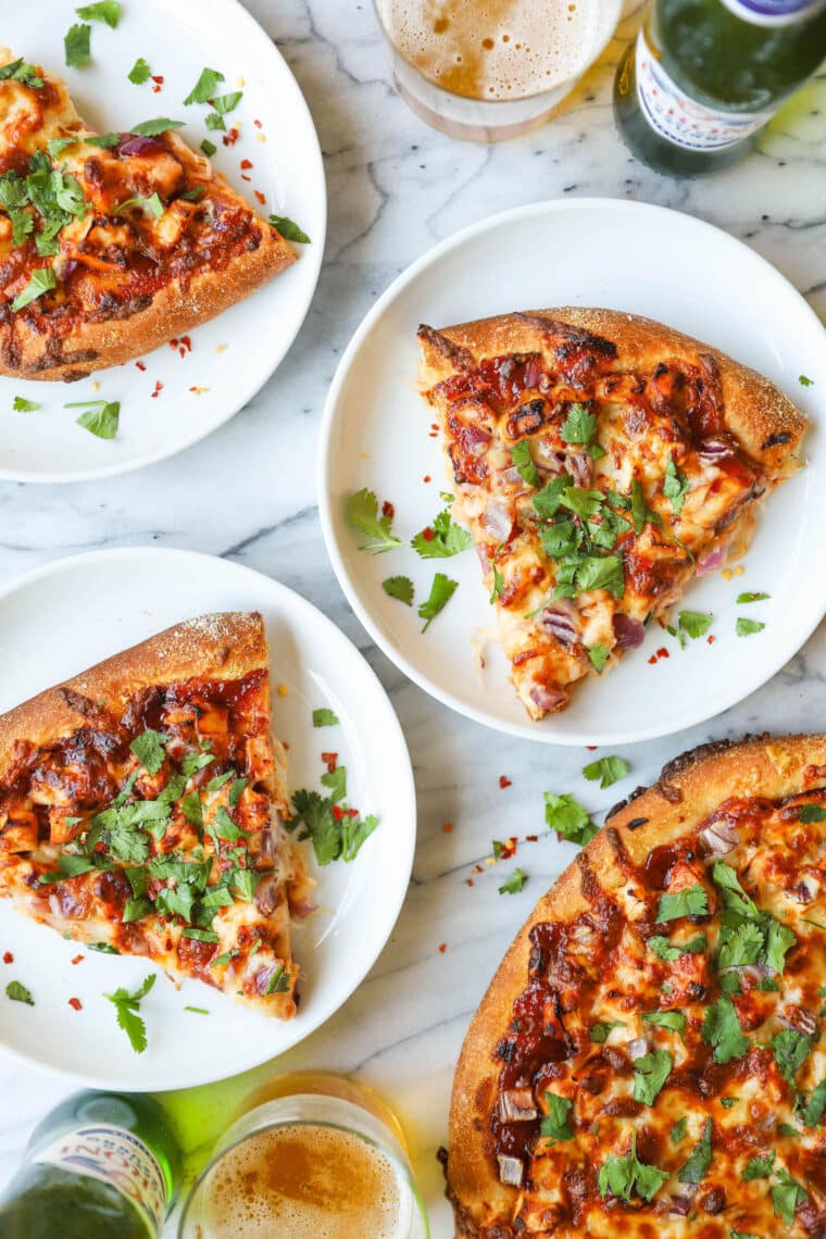 BBQ Chicken Pizza - You can use homemade pizza dough (or store-bought) with leftover rotisserie chicken for the best (speediest) dinner ever!