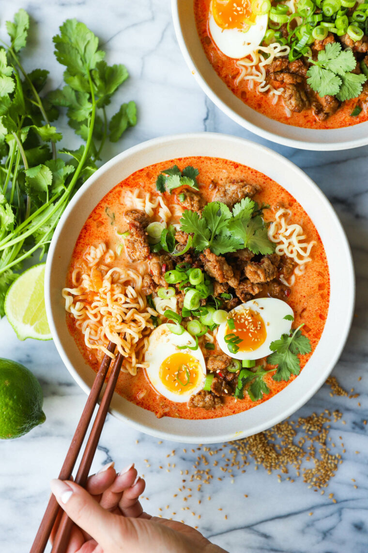 Thai Coconut Curry Ramen - The most flavorful red curry coconut broth! Made in just 30 min with cilantro, soft boiled eggs and ramen noodles!