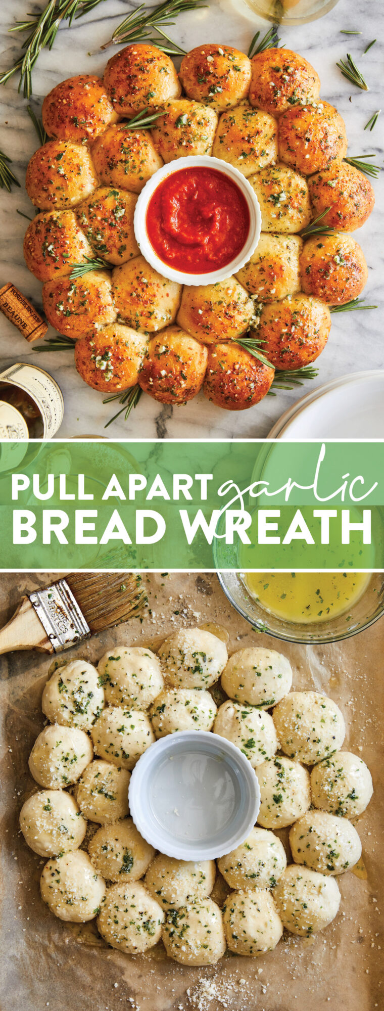 Pull Apart Garlic Bread Wreath - Warm, soft, pillowy bread bites smothered in garlicky, buttery heavenly goodness. An absolute crowd-pleaser!