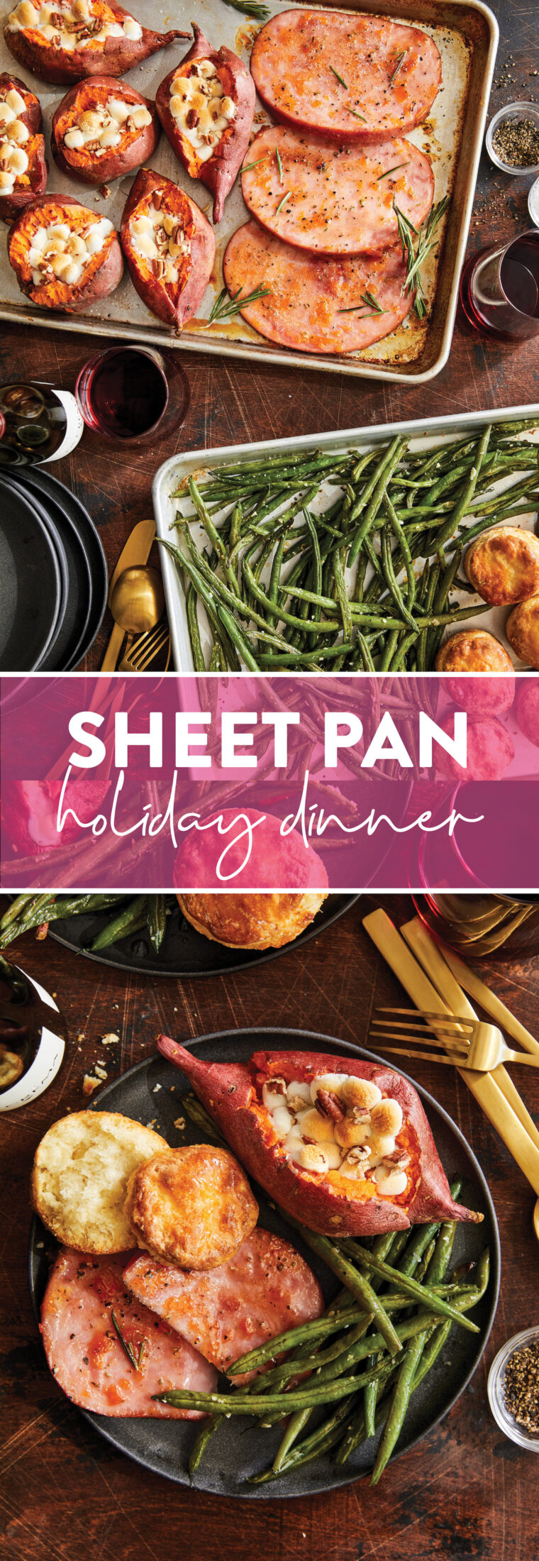 Sheet Pan Holiday Dinner - The easiest ham dinner ever (sides included!). And everything is baked on 2 sheet pans in 45 min, start to finish!