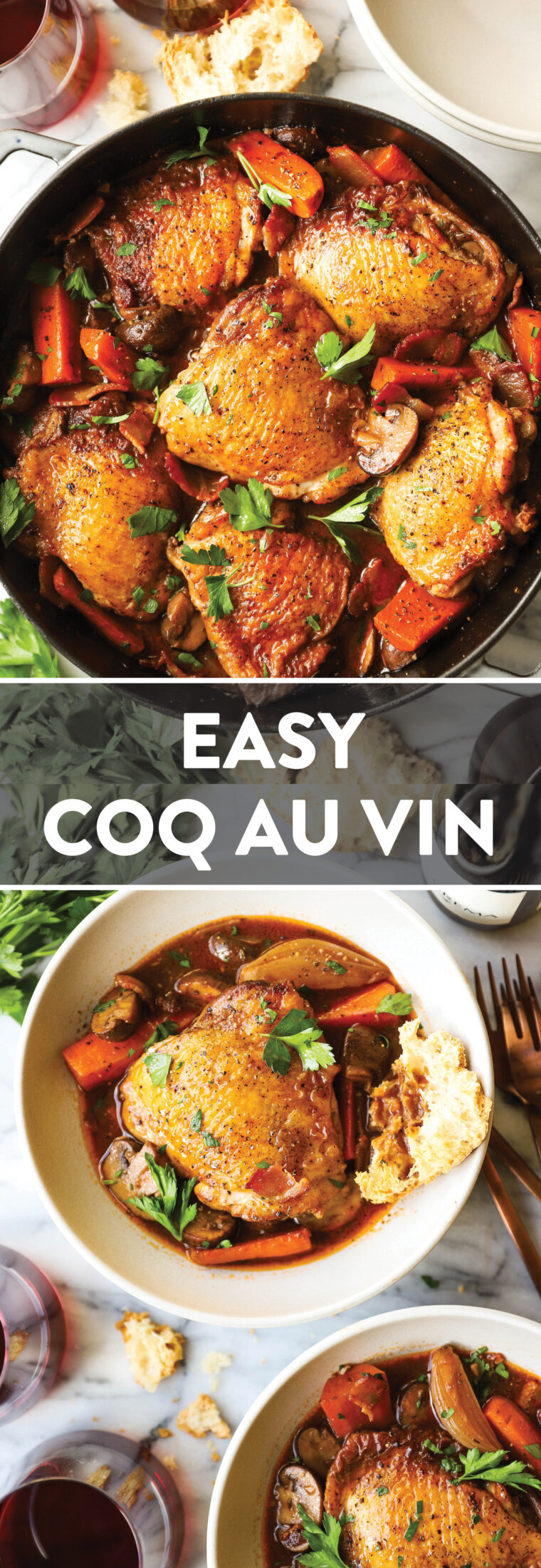 Easy Coq Au Vin - Truly the most amazing braised chicken (so tender, literally falling off the bone!) served in a heavenly red wine sauce!