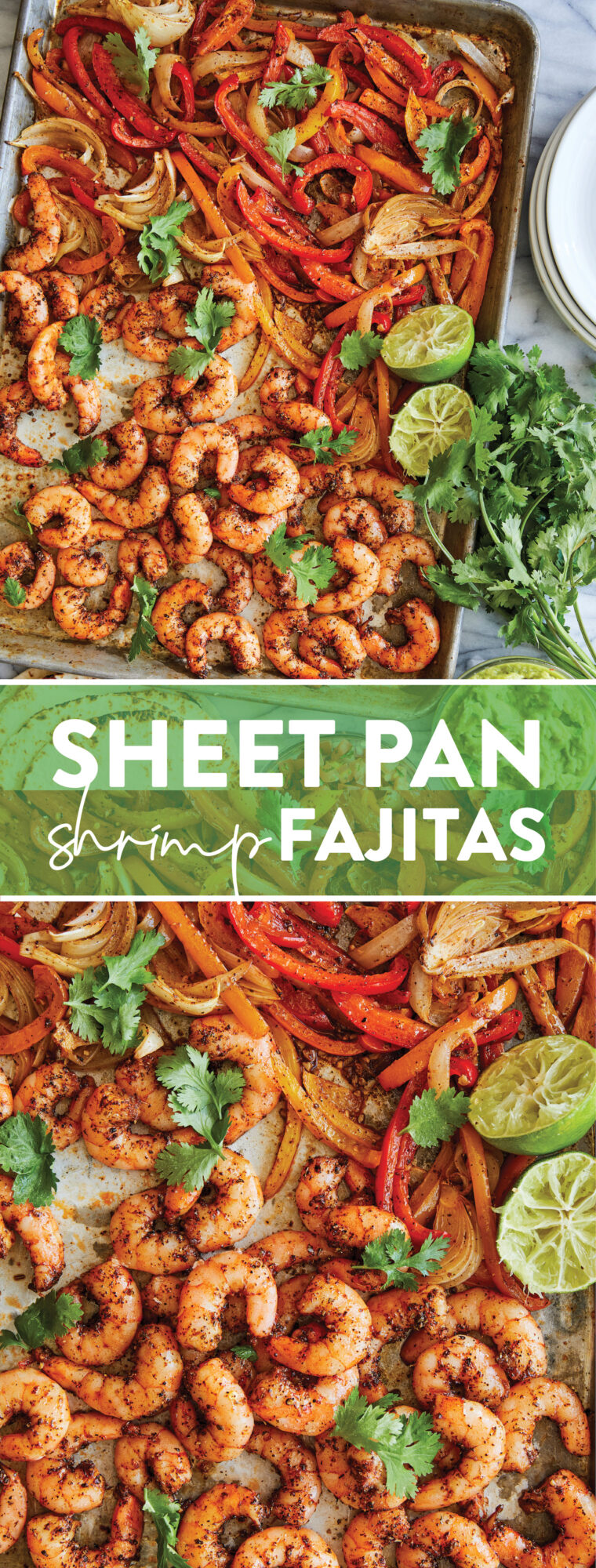 Sheet Pan Shrimp Fajitas - The quickest (easiest) sheet pan dinner! Serve with warm tortillas for a lightening fast weeknight meal. SO GOOD!
