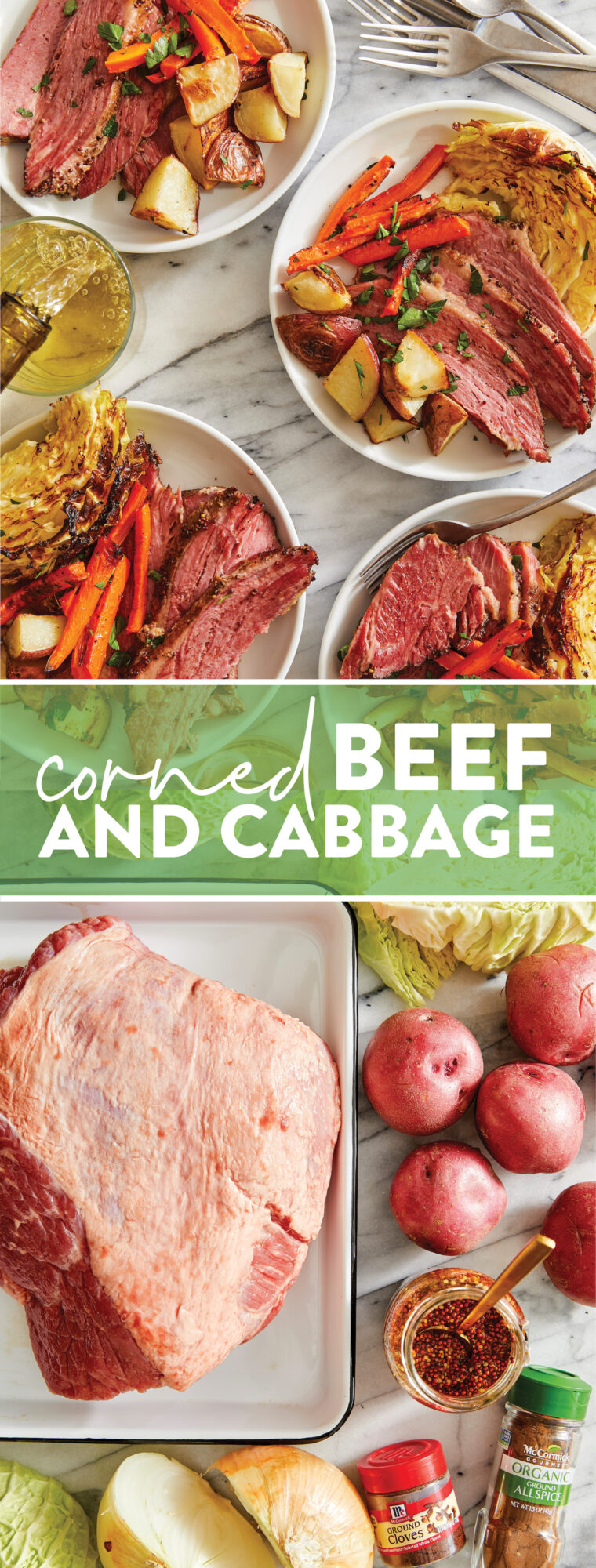 Corned Beef and Cabbage - THE BEST corned beef dinner with cabbage, potatoes and carrots, all roasted to perfection! Best served with mustard.