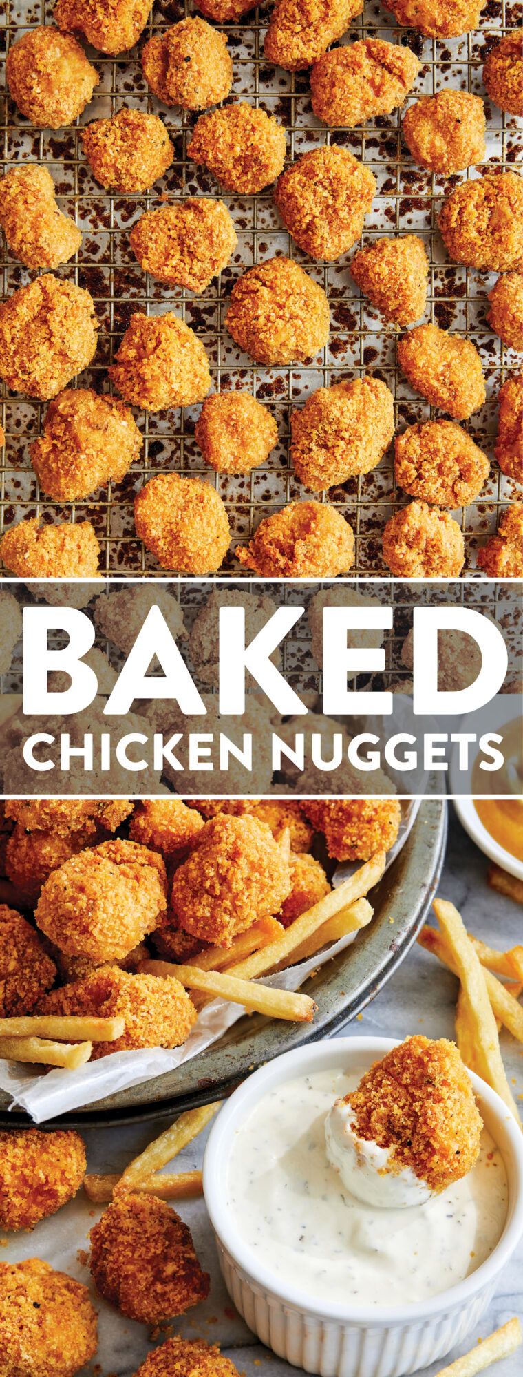 Baked Chicken Nuggets – Die BESTEN knusprig zarten Chicken Nuggets, die vollständig gebacken sind!  Mit Ketchup, Honig-Senf oder Ranch servieren!