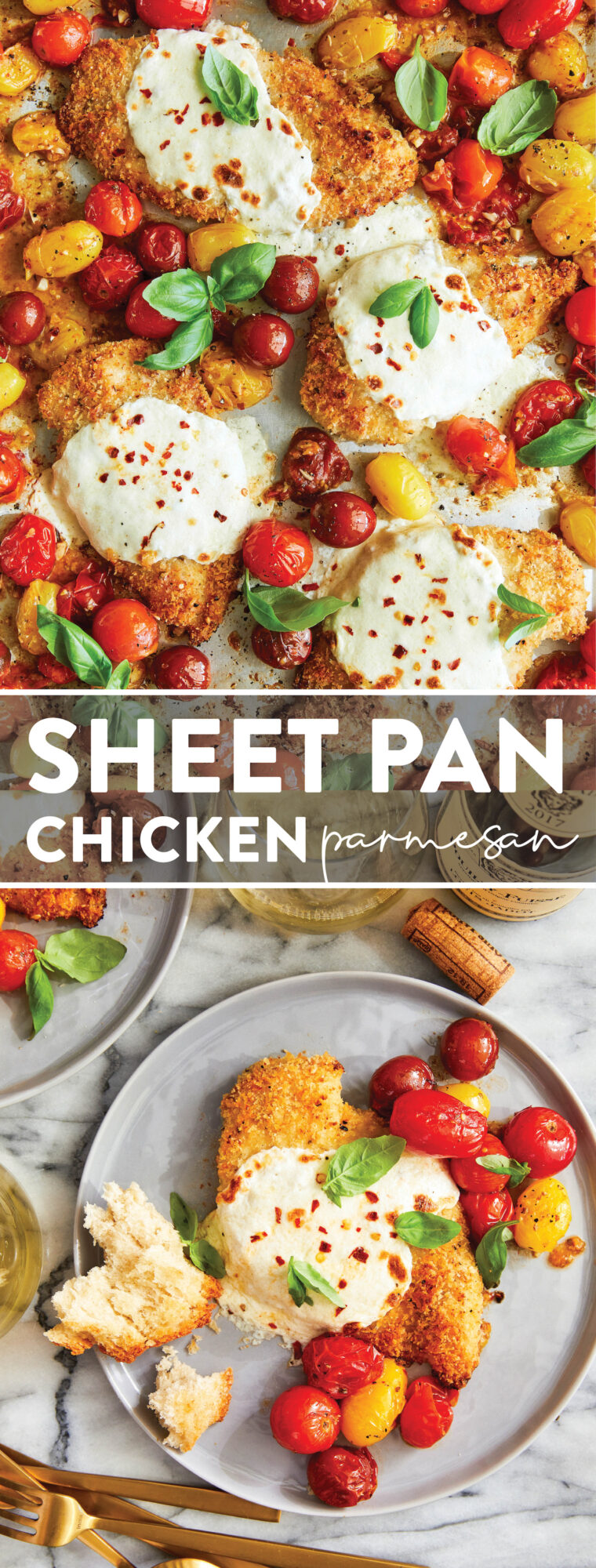 Sheet Pan Chicken Parmesan - No mess, no fuss, and no frying. Completely BAKED amazingly crisp-tender chicken parmesan for the entire family!