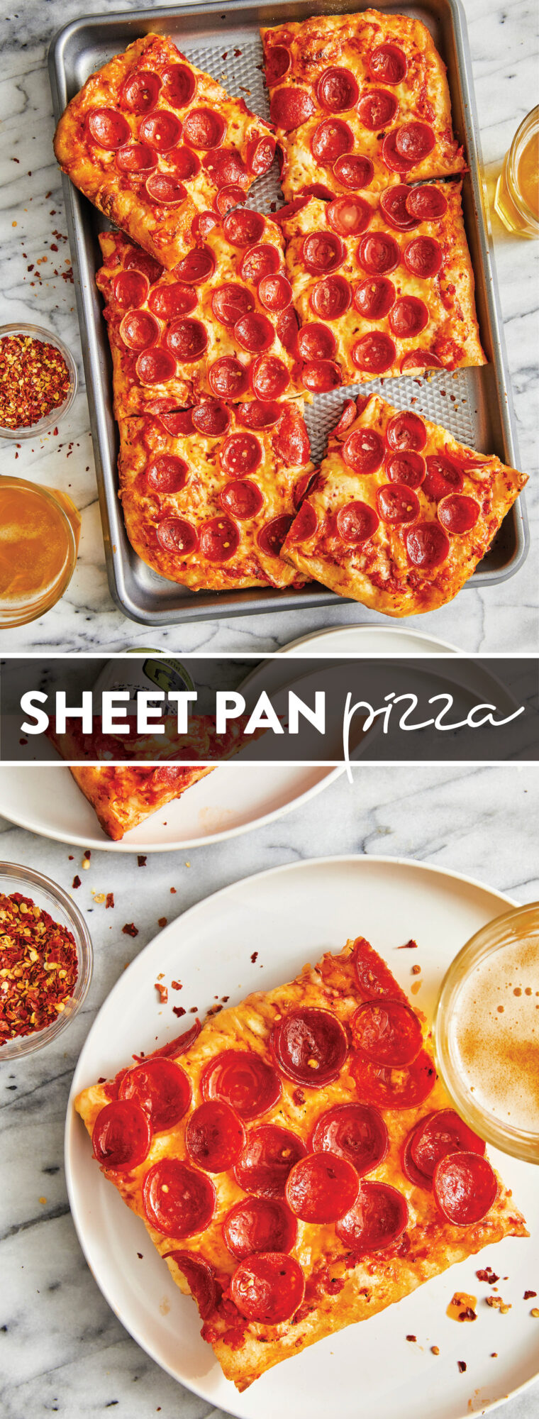 Sheet Pan Pizza - SO EASY + family-friendly! Keep it plain with cheese or add all your favorite toppings - pepperoni, sausage, and/or veggies!