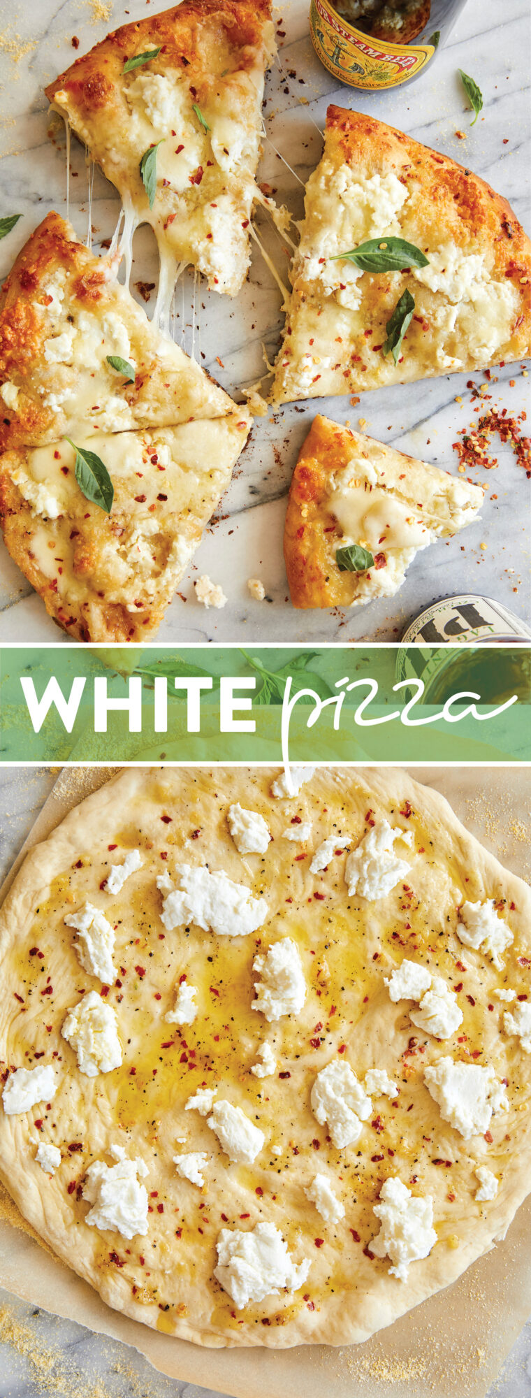 White Pizza - Made with 3 different cheeses (no tomato sauce here!) and drizzled with extra-virgin olive oil, garlicky goodness. Yes, please!