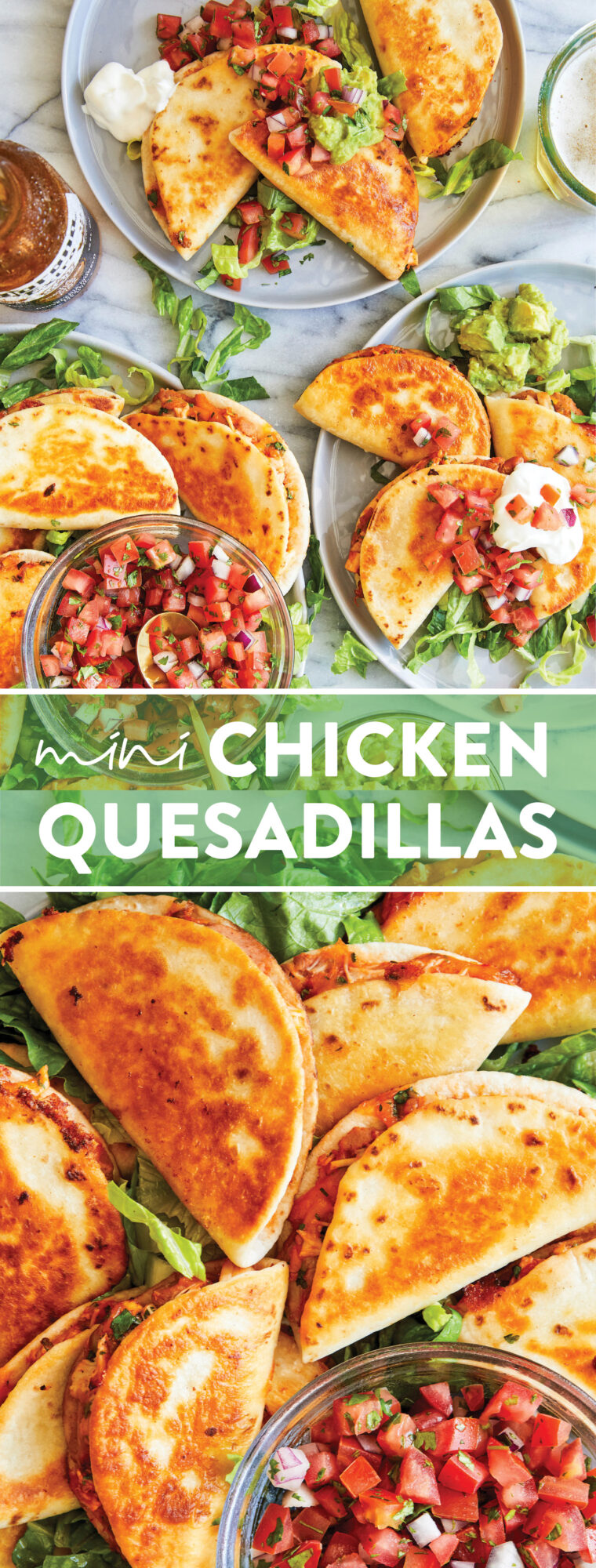 Mini Chicken Quesadillas - Crowd-pleasing snack-size quesadillas with refried beans, leftover rotisserie chicken + melted cheese! SO SO GOOD!