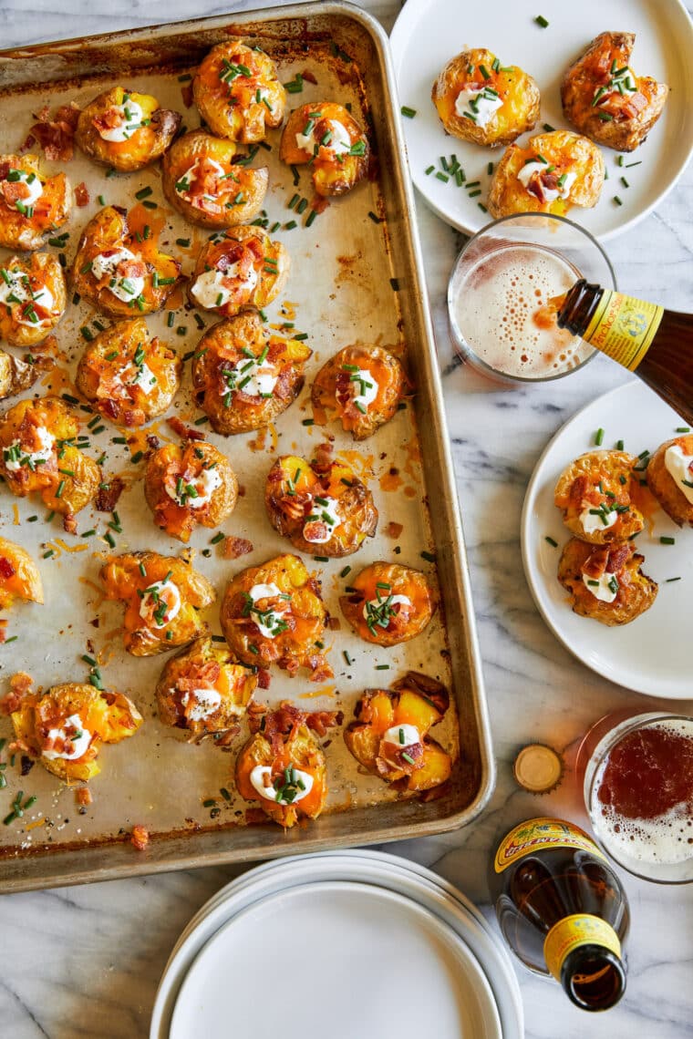 Crispy Smashed Potatoes with Pickles and Gin-Spiked Sour Cream