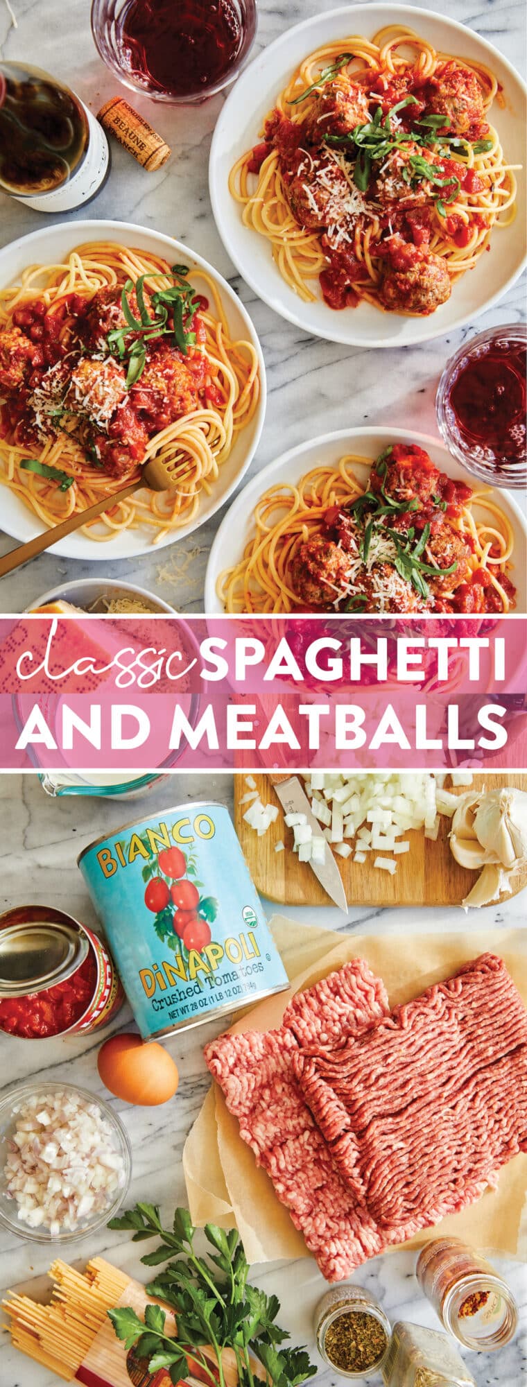 Spaghettis et boulettes de viande classiques – Un dîner classique, simple et sans chichi, avec les boulettes de viande faites maison les plus tendres et les plus juteuses et la sauce à spaghetti !