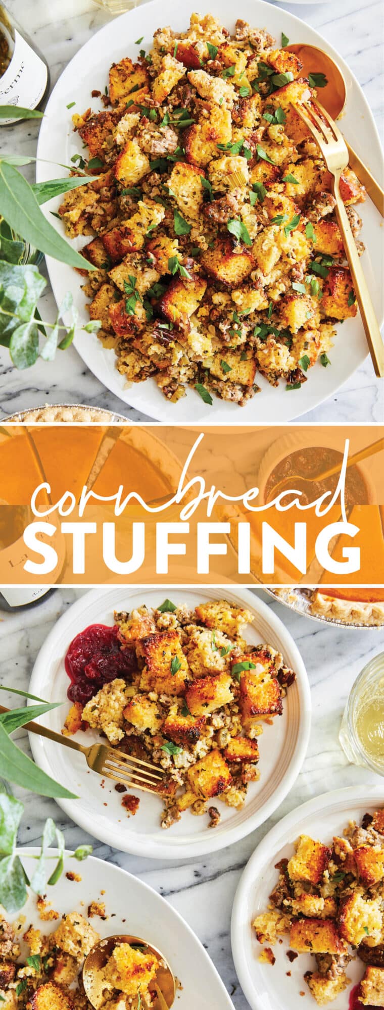 Cornbread Stuffing - Made with homemade cornbread, crumbled sausage, fresh sage and thyme. So crumbly and so good. Truly a family-favorite!
