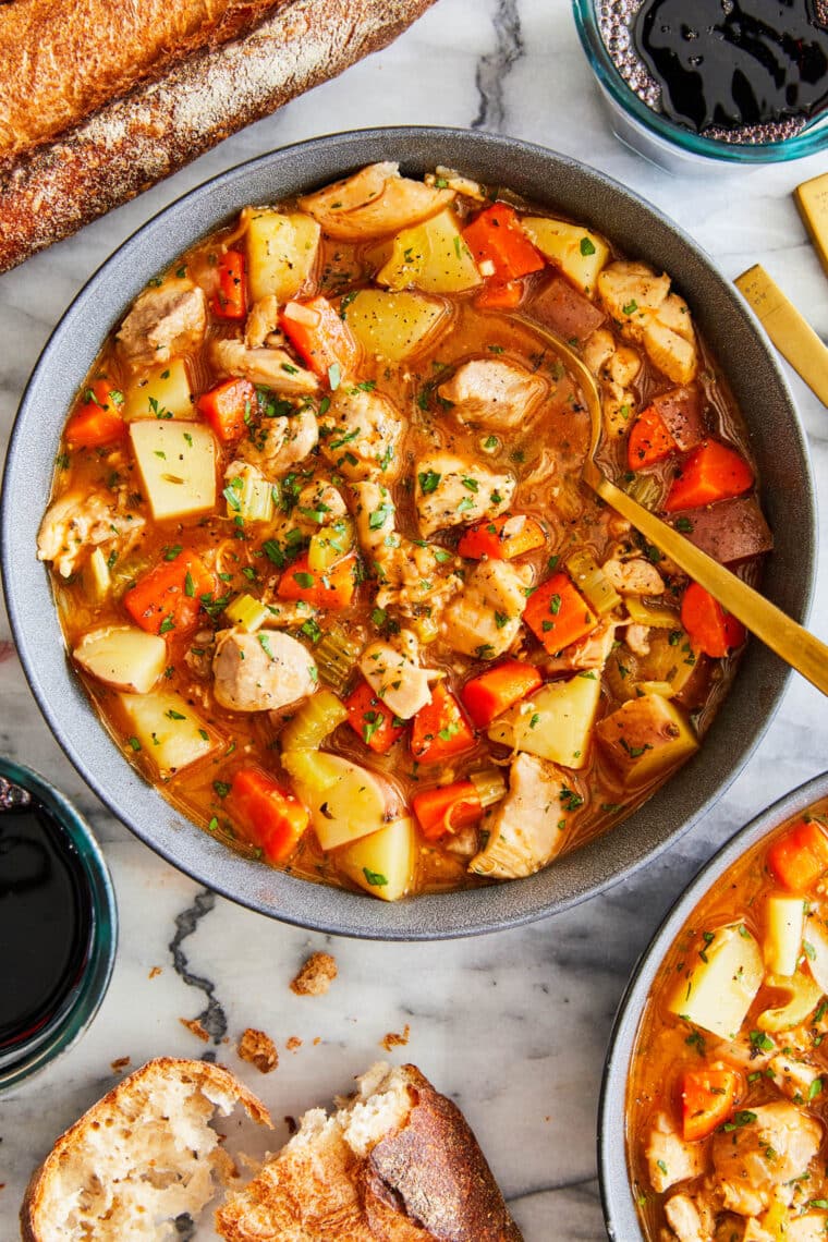 One Pot Chicken Stew - So hearty, comforting and cozy! Loaded with tender chicken, potatoes and veggies. Serve with crusty bread or biscuits.