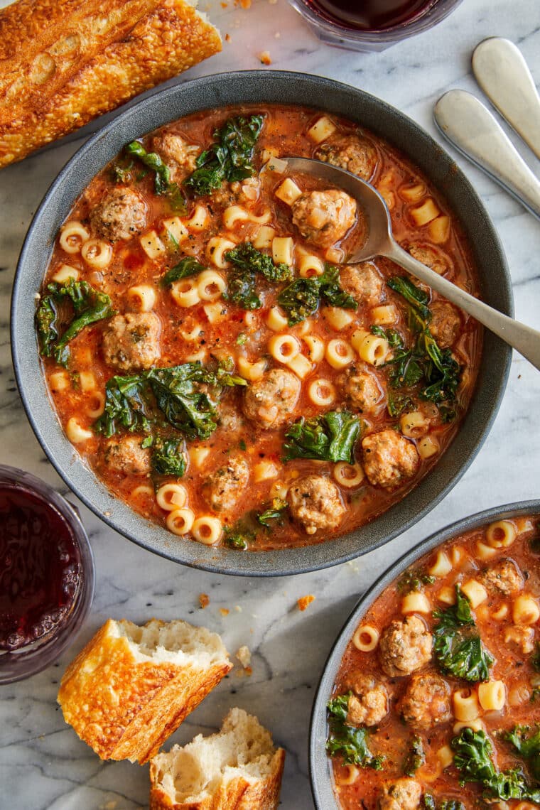 Italian Meatball Soup - The COZIEST soup with homemade, tender, juicy meatballs, little pasta noodles (ditalini pasta) and sneaked in greens!