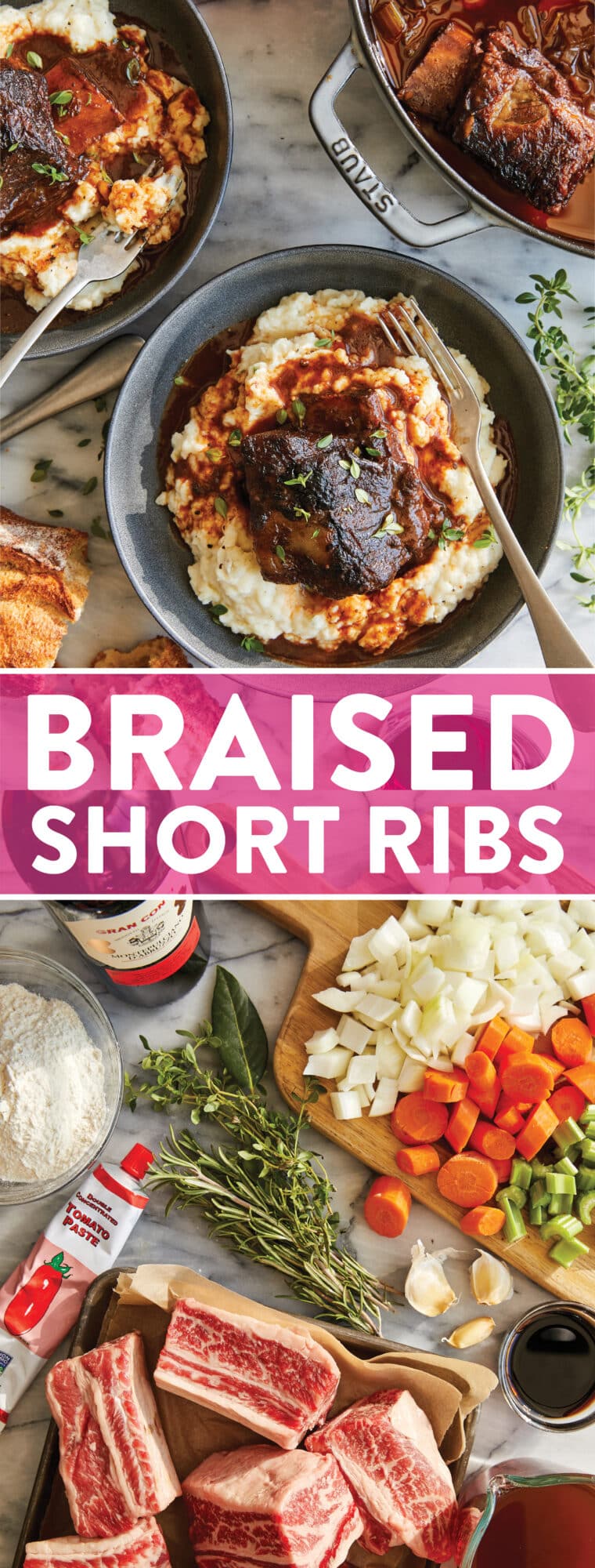 Braised Short Ribs - Best ever red wine braised short ribs. So tender, so fall-off-the-bone amazing. Serve over mashed potatoes - SO SO GOOD.