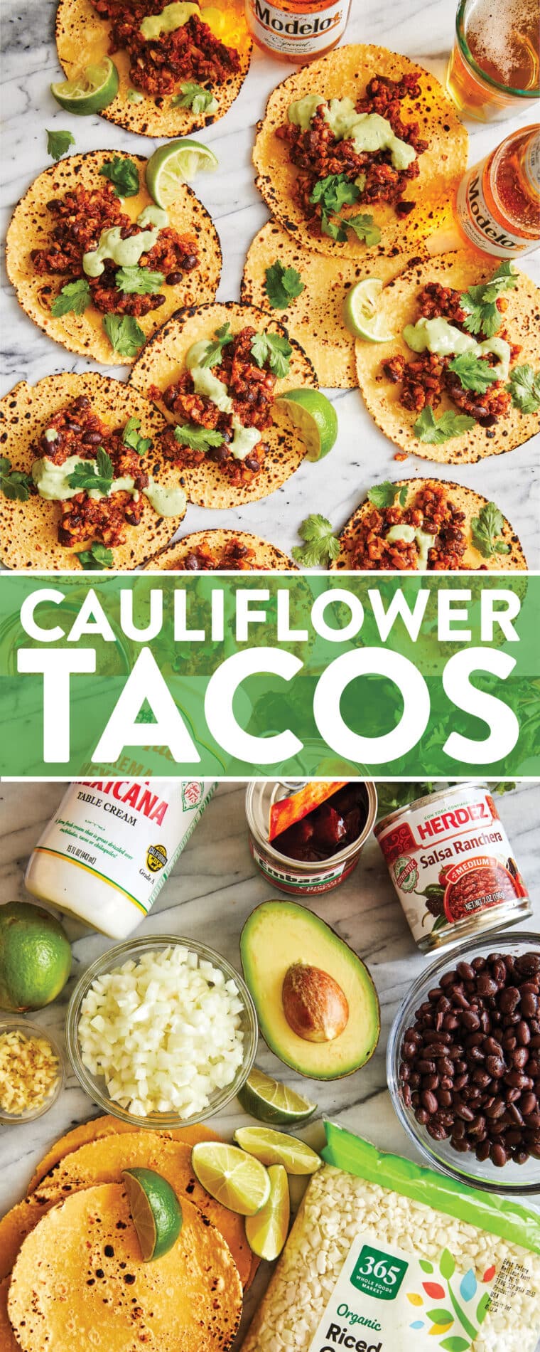 Cauliflower Tacos - SO PERFECT FOR TACO NIGHT! Completely vegetarian and so easy to make, topped with the best avocado crema sauce. SO GOOD.