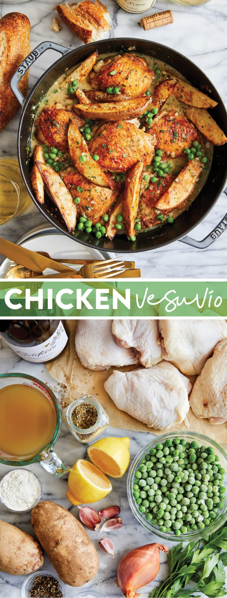 Chicken Vesuvio - Perfectly juicy chicken, peas and potatoes in THE BEST white wine sauce.  Truly the best fried chicken dish ever.