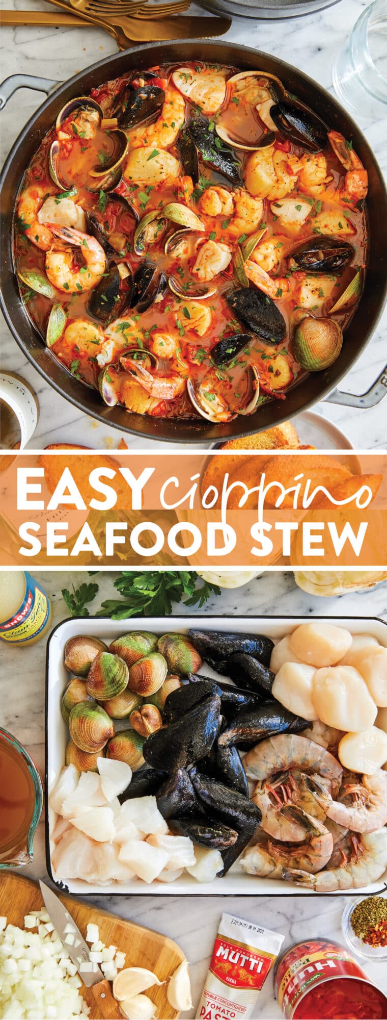 Easy Cioppino (Seafood Stew) - Best seafood stew ever, loaded with clams, mussels, cod, shrimp and scallops.  So comfortable, so cozy, so easy.