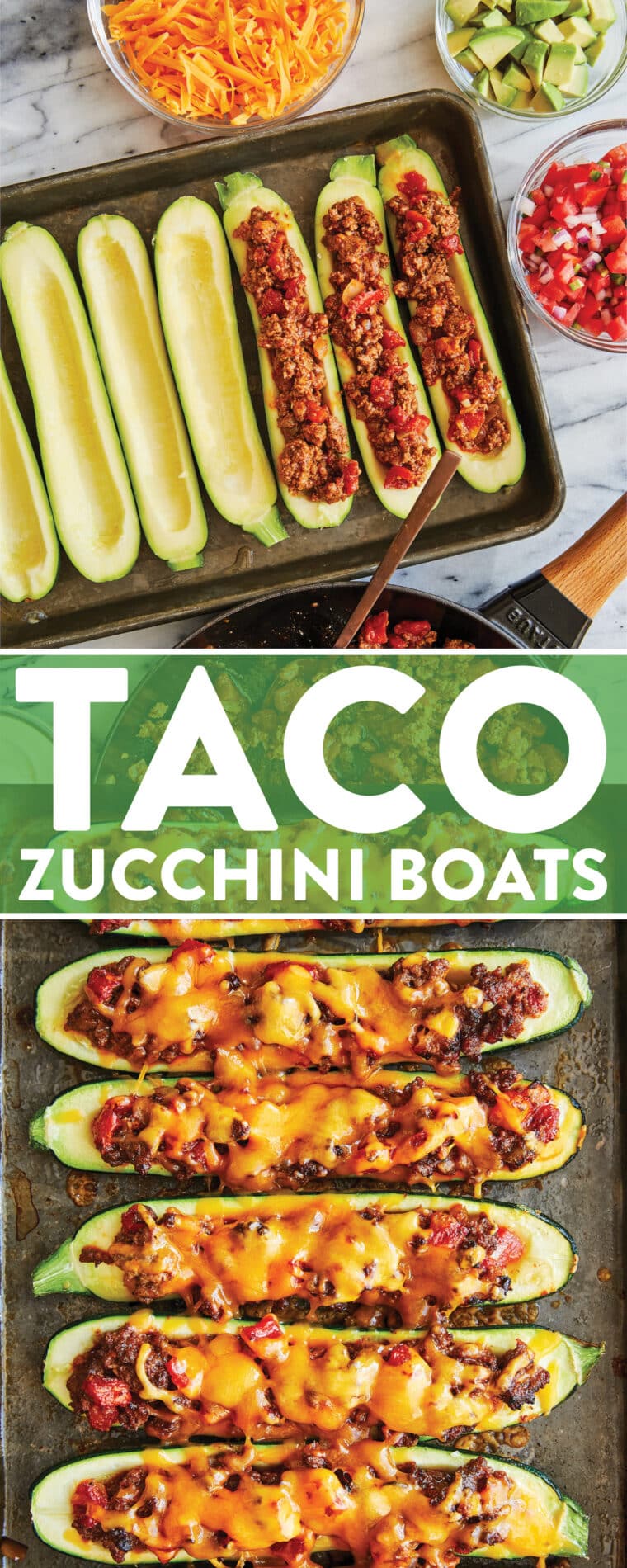 Taco Zucchini Boats - Ett lågkolhydratmiddagsrecept för hela familjen!  Fylld med nötfärs och tacokrydda, bakad till ostlik perfektion.