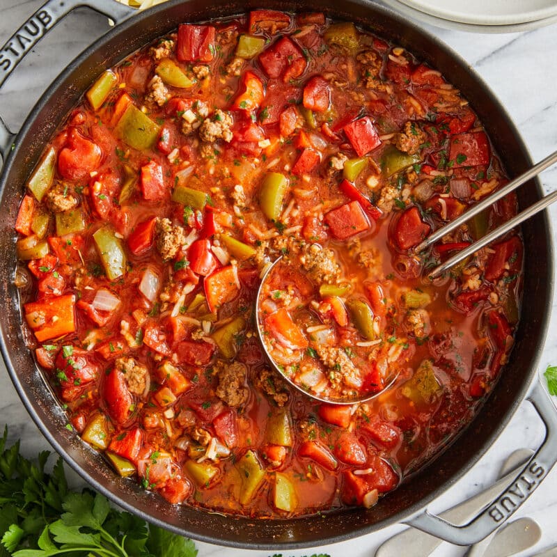 Stuffed pepper soup made from ground beef, white rice and bell peppers.