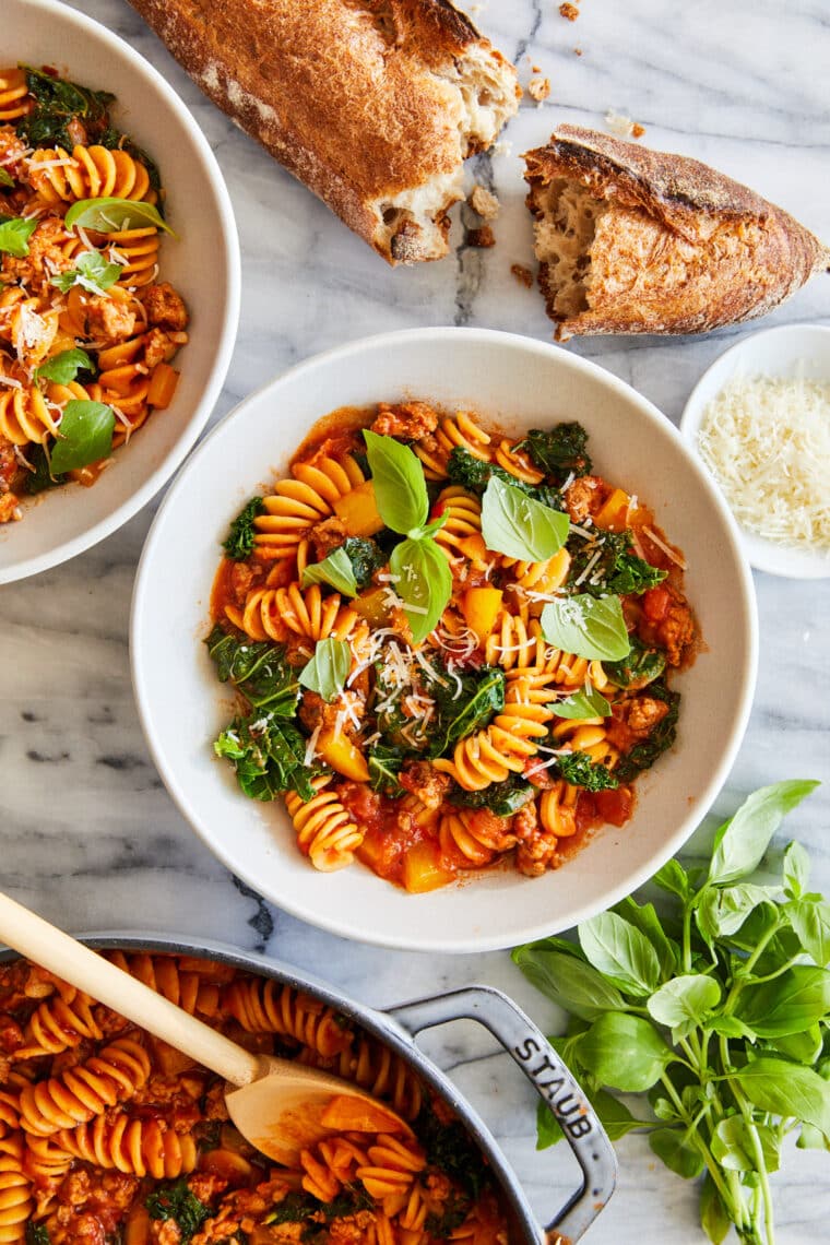 One Pot Sausage Pasta - With crumbled Italian sausage, pickles, marinara sauce, and parmesan.  TRULY A ONE SKILLET DINNER!  Very easily!