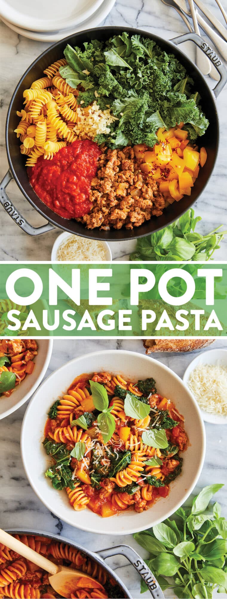 Паста One Pot Sausage Pasta — с раскрошенной итальянской колбасой, приправленной зеленью, соусом маринара и пармезаном.  НАСТОЯЩИЙ УЖИН НА ОДНОЙ СКОВОРОДКЕ!  Так легко!