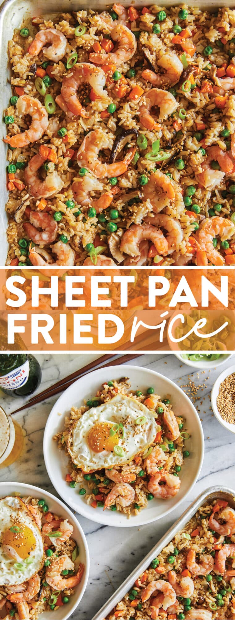 Pan Sheet Fried Rice: ¡Esta es una excelente manera de usar el arroz sobrante!  Y esta versión de bandeja es infalible con los bordes más crujientes.  MUY BIEN.
