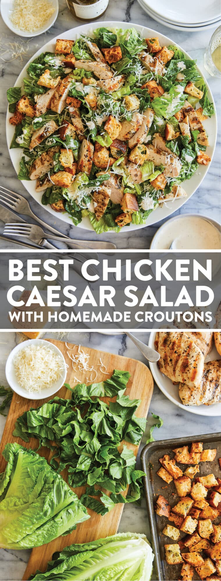 Best Chicken Caesar Salad with Homemade Croutons - Truly THE BEST ever. With crispy, seasoned croutons, grilled chicken and an easy dressing!