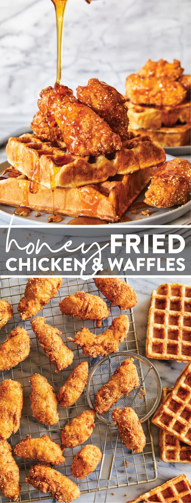 Honey Fried Chicken and Waffles - Super crispy fried chicken, drizzled with a warm honey glaze, served with the fluffiest buttermilk waffles!