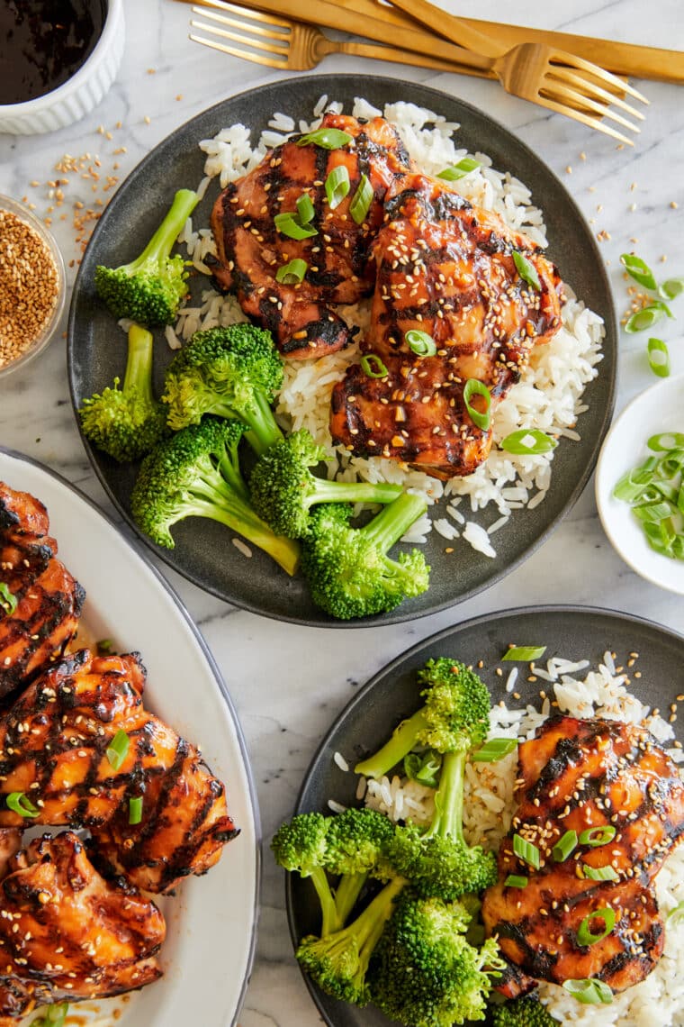 Grilled Teriyaki Chicken - So saucy, so sticky, so so good! And you can prep and marinate everything ahead of time! Serve over rice + veggies.