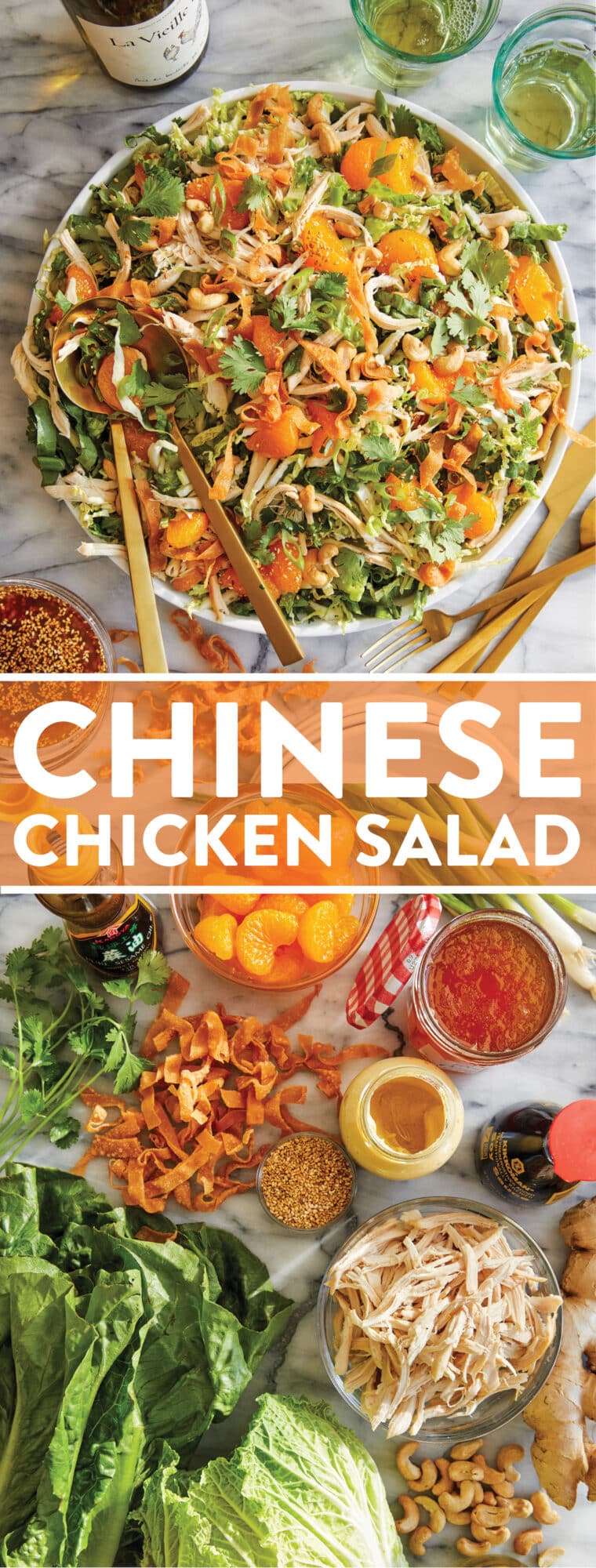 Китайский салат с курицей — приготовлен из остатков курицы-гриль, салата романо, напы, хрустящих полосок вонтонов и лучшей заправки из кунжутно-имбирного соуса!