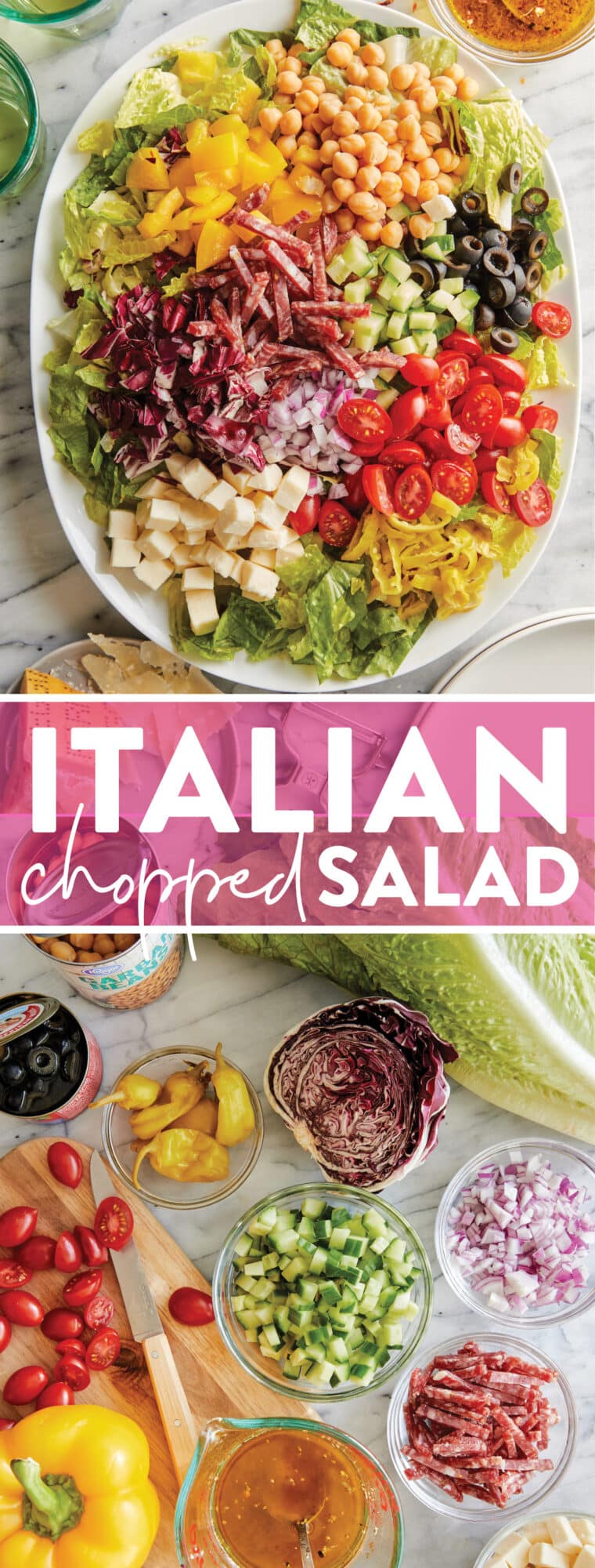 Italian Chopped Salad - Crisp lettuce, cubed mozzarella, and diced salami in a red wine vinaigrette. So colorful, so vibrant, and so so good!