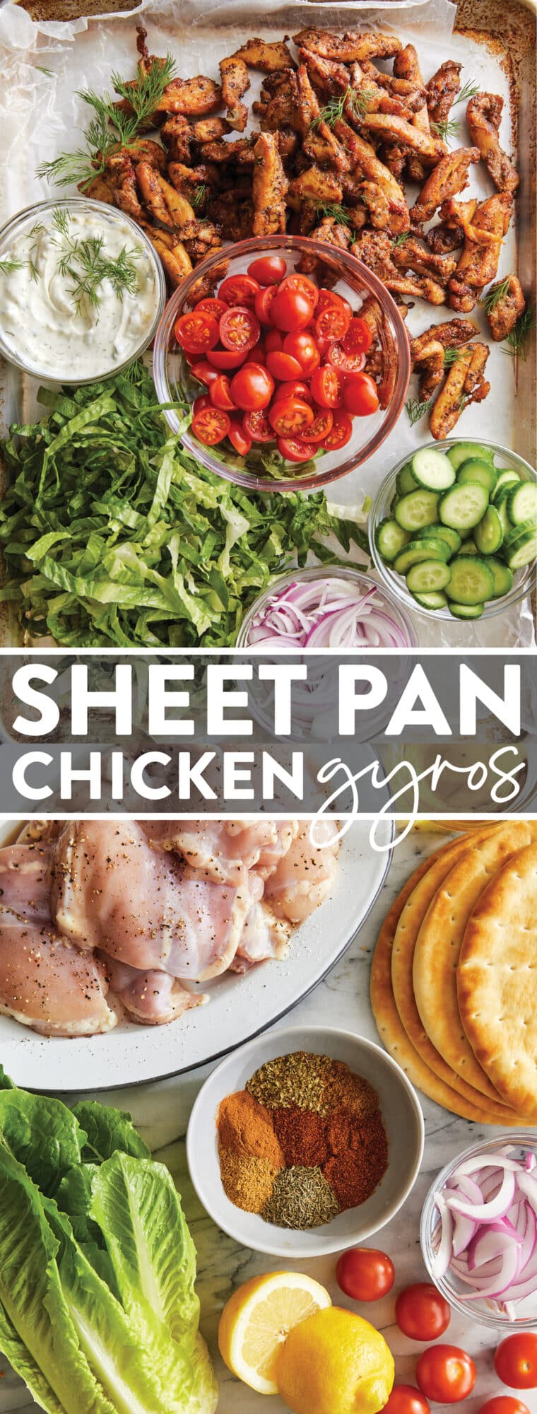 Sheet Pan Chicken Gyros - Perfect gekruide kip, tot in de perfectie gebakken op ÉÉN PAN!  Serveer in warme pitabroodjes voor een snelle doordeweekse maaltijd!