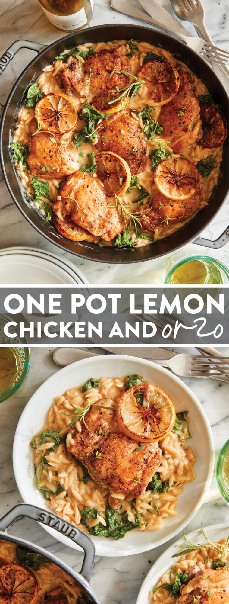 One Pot Lemon Chicken and Orzo - Golden brown, juicy chicken with the creamiest lemony orzo + sneaked in greens, all made in ONE SINGLE POT!