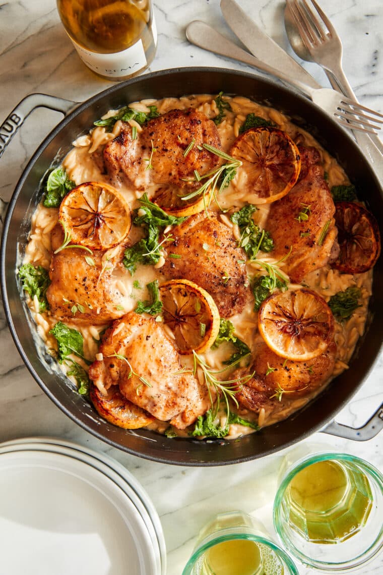 One Pot Lemon Chicken and Orzo - Golden brown, juicy chicken with the creamiest lemony orzo + sneaked in greens, all made in ONE SINGLE POT!