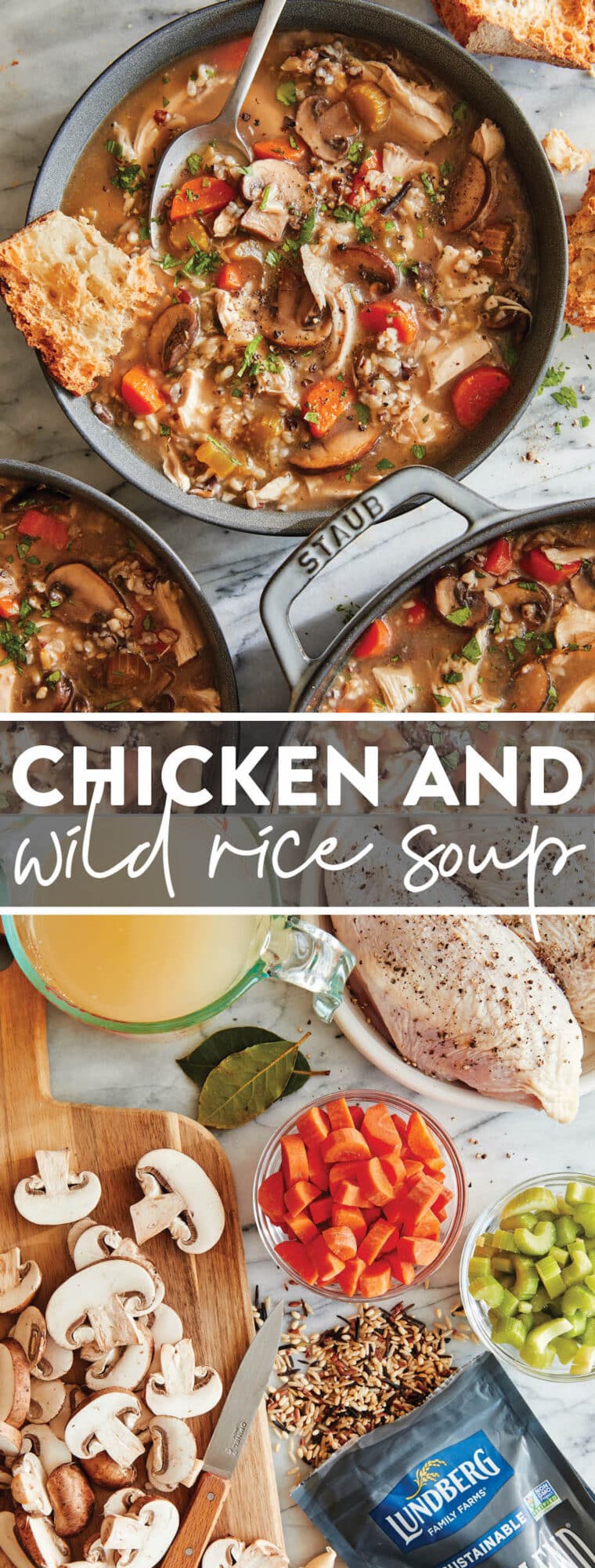 Chicken and Wild Rice Soup - So warm, so hearty, so cozy! With tender shredded chicken breasts, mushrooms, wild rice, and feel good veggies.